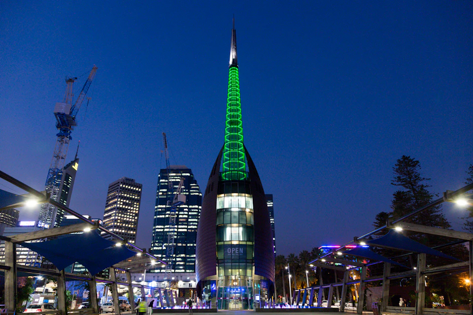 The Bell Tower lit at night