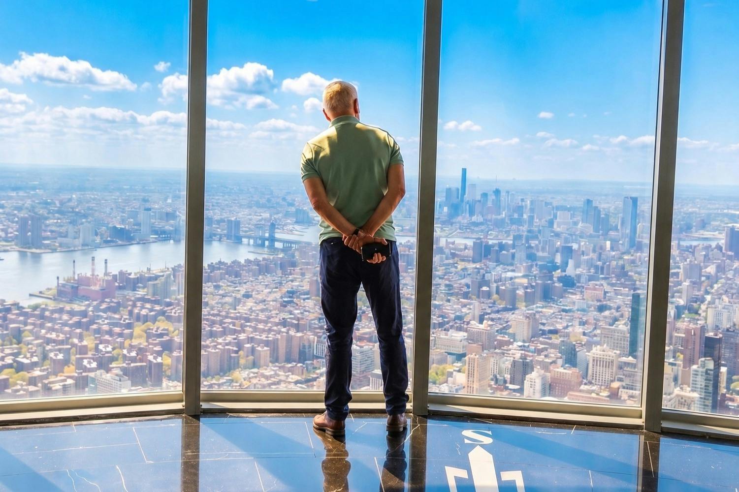 Une personne se tient devant une grande fenêtre donnant sur un paysage urbain composé de grands immeubles, de ponts et d'un ciel bleu.