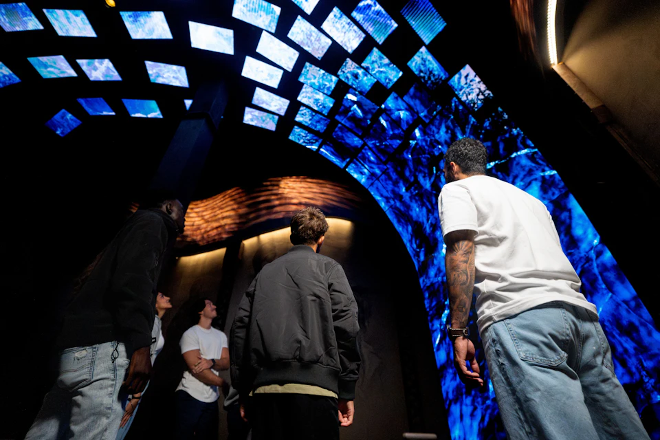 A group of people stand under an arched ceiling displaying vibrant digital screens, looking up at the visuals.