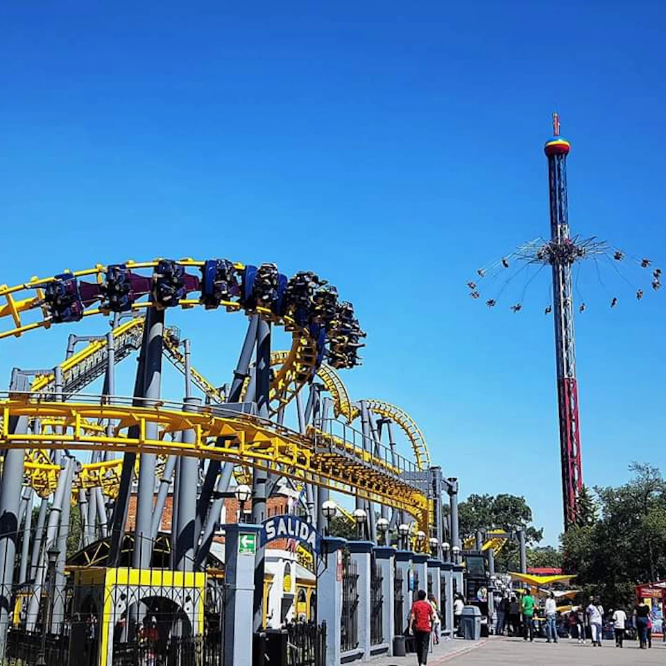 People enjoying a yellow roller coaster and a tall spinning ride against a clear blue sky at an amusement park.