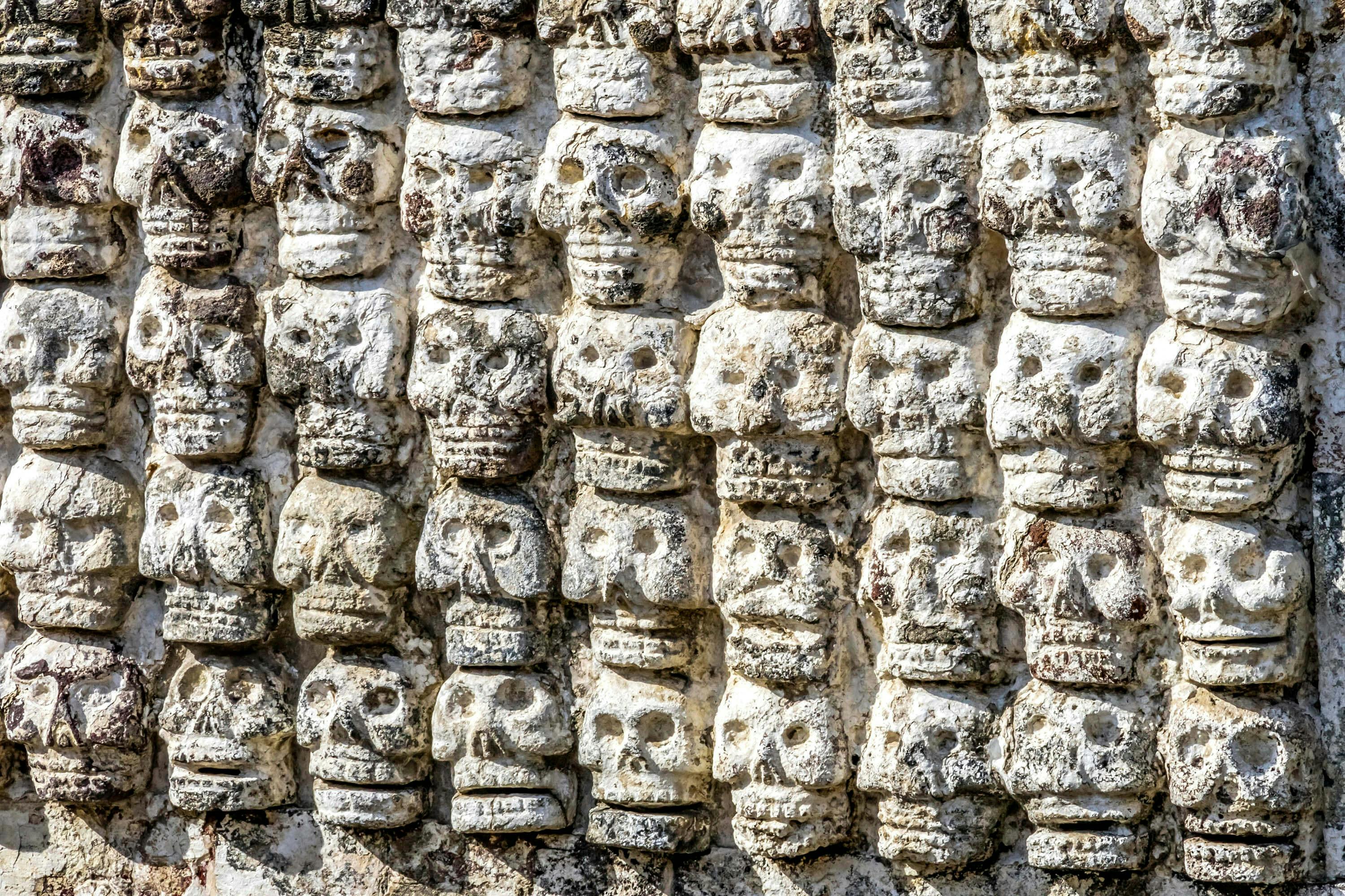 Primo piano di un muro di pietra intricatamente scolpito con file multiple di teschi.