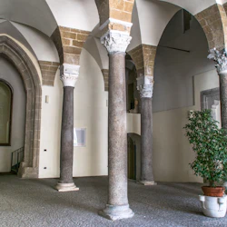 En inre vy av en historisk byggnad med valv, pelare och en krukväxt på ett stengolv.