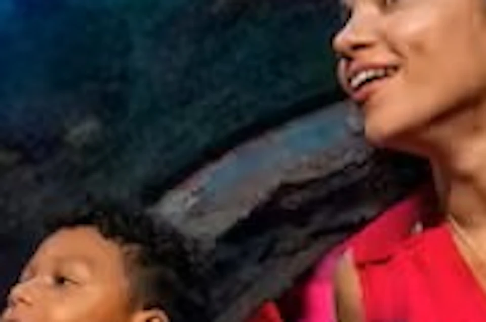 A woman and a child observe aquatic life through an underwater tunnel in an aquarium, surrounded by colorful fish and coral.