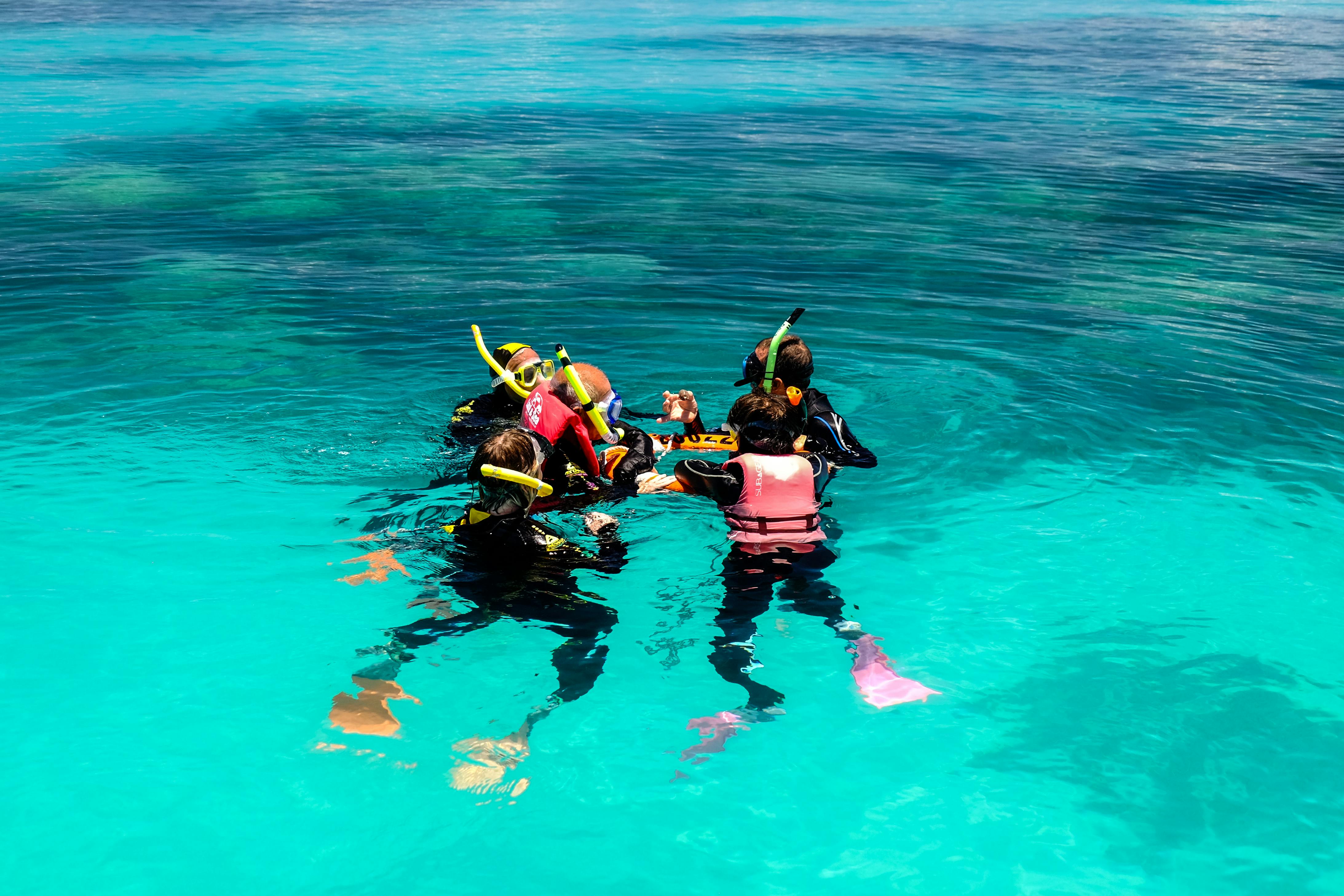 A group of snorkelers in colorful gear gathered in clear turquoise water.