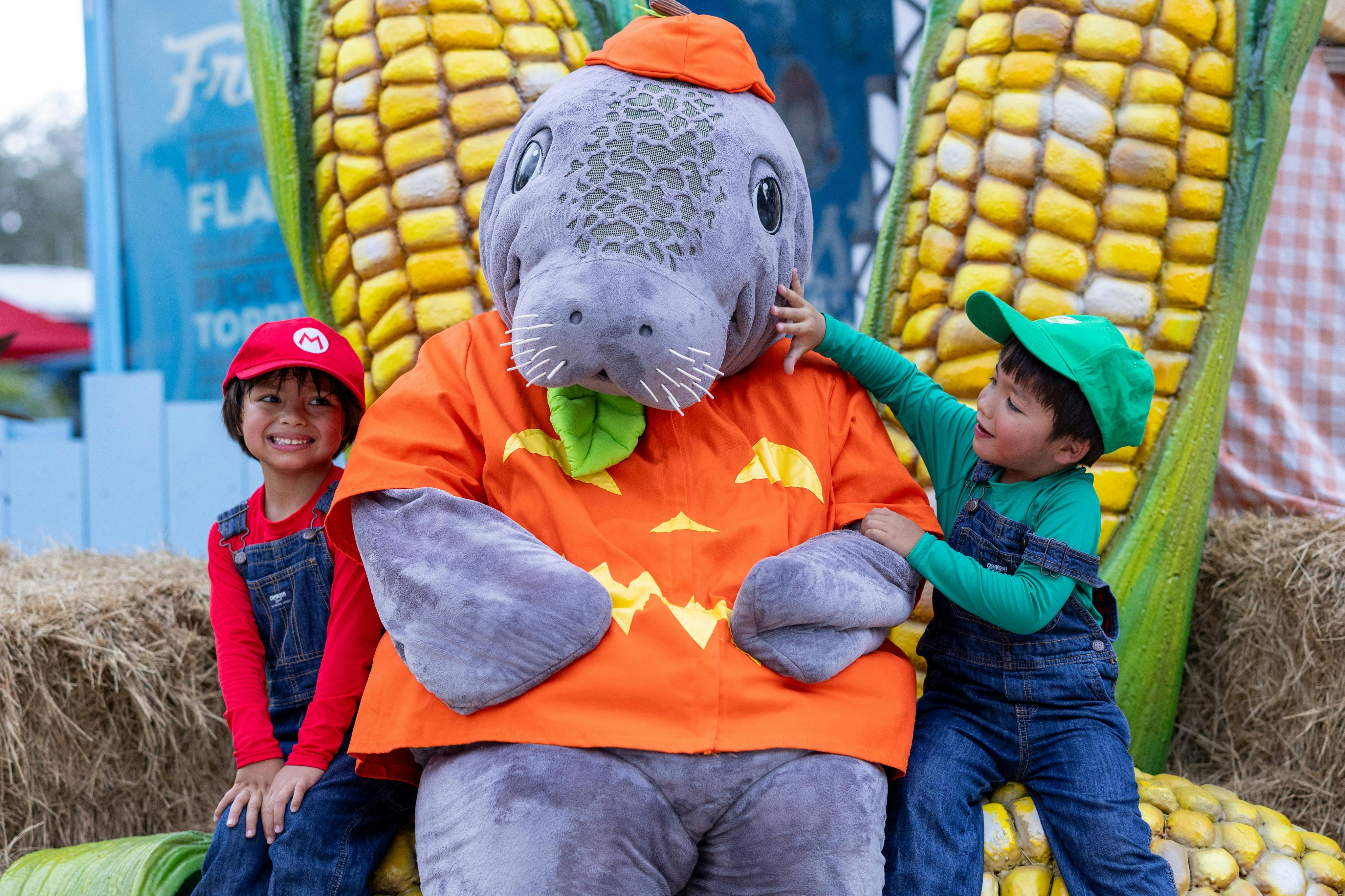 Ein Kind mit roter Mütze und Latzhose lächelt neben einem Mann im Seekuh-Kostüm, während im Hintergrund Heuballen und ein großer Maisstand zu sehen sind.