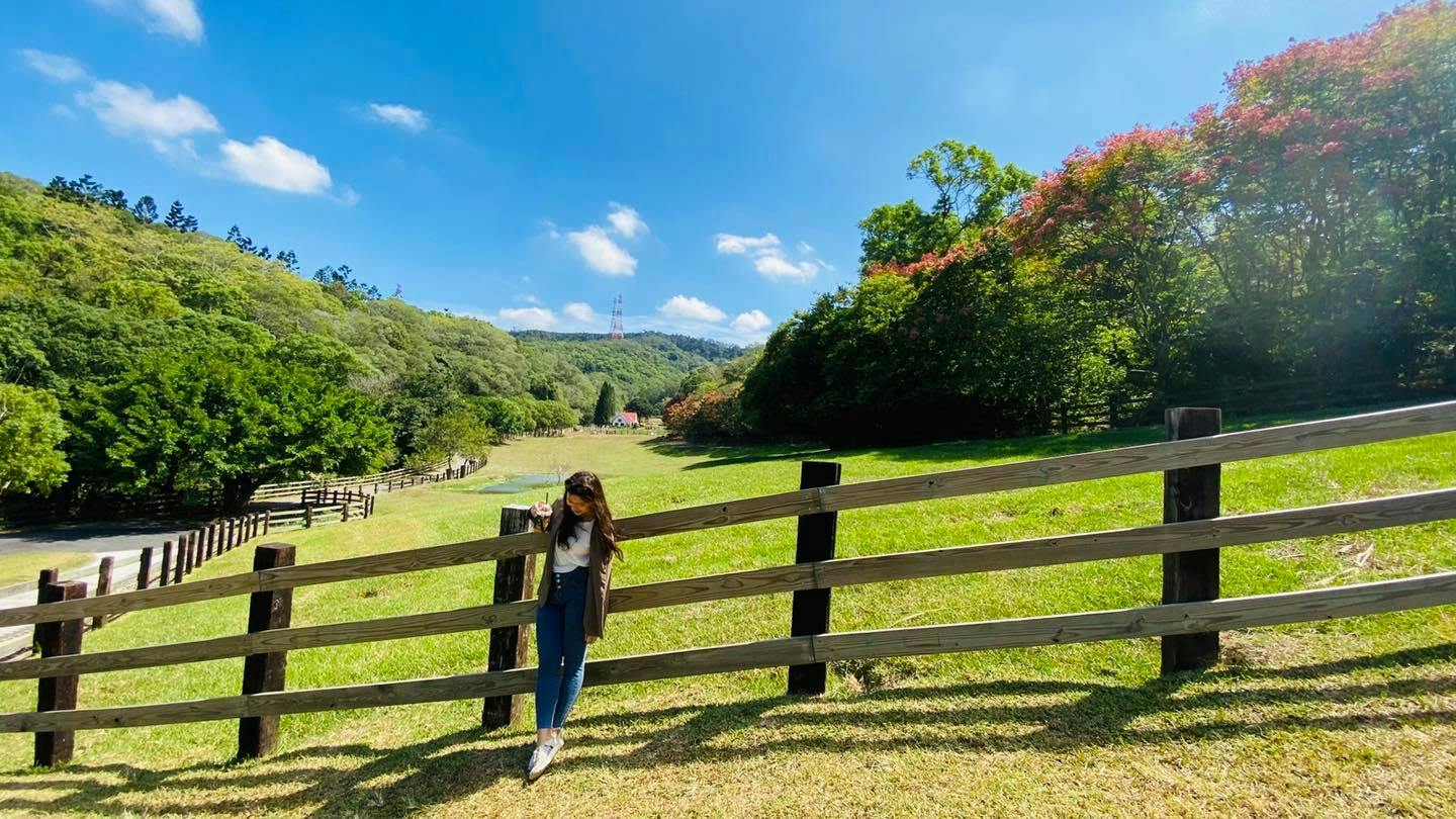A person standing by a wooden fence in a grassy field with trees, hills, and a clear blue sky in the background.
