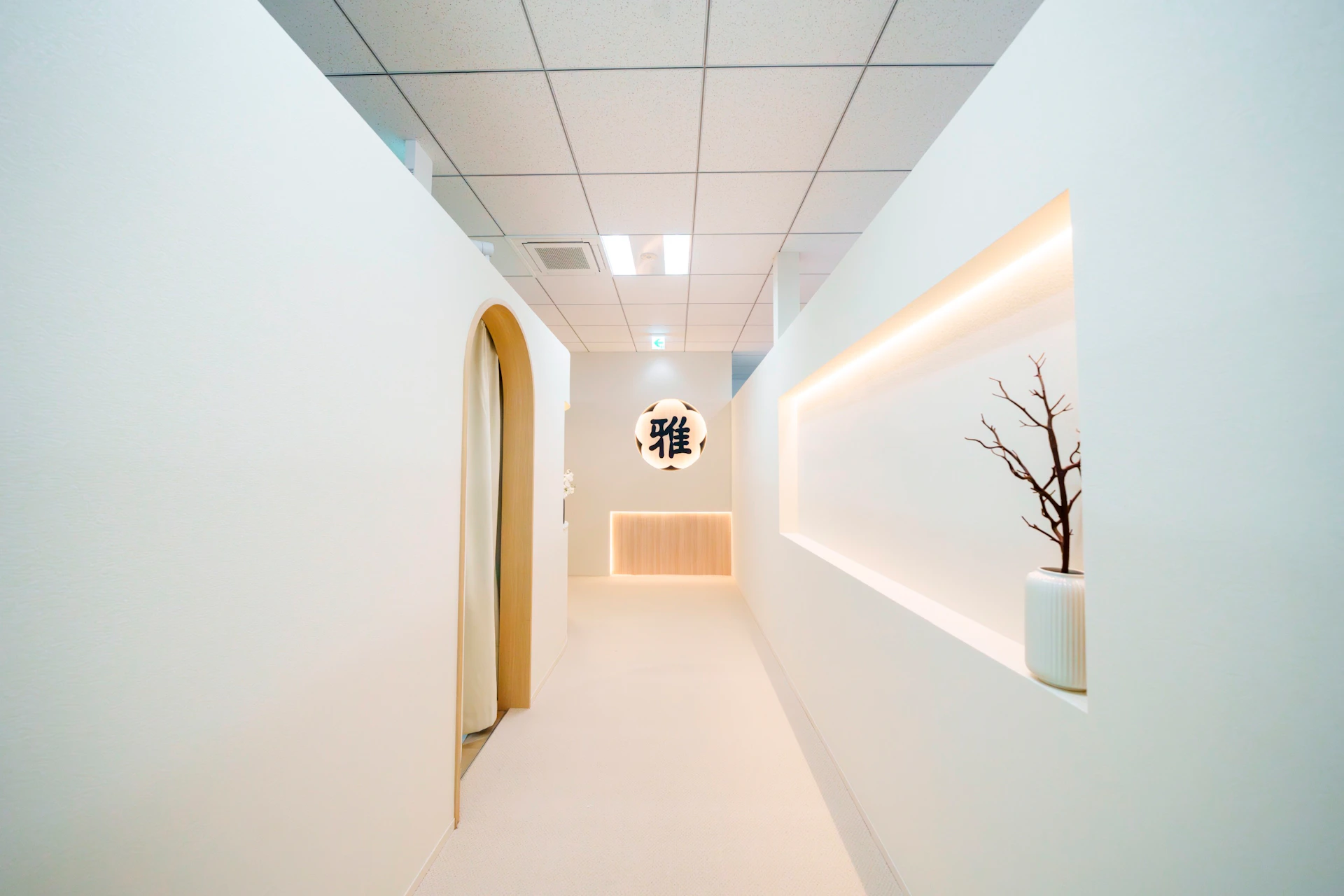 A minimalistic hallway with white walls, a ceiling with grid panels, a decorative branch in a vase, and a kanji sign on the wall.