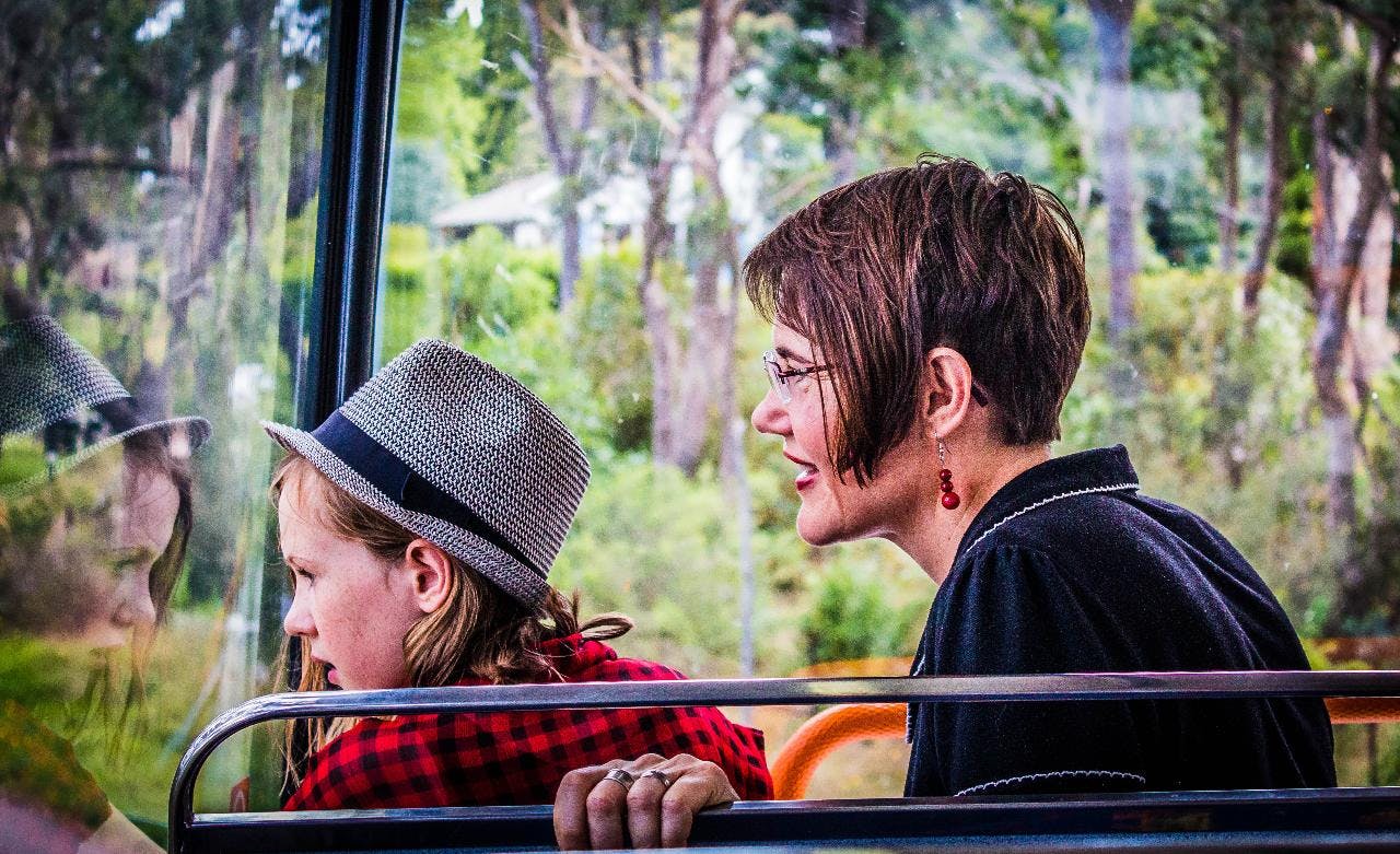 A woman and child in a hat ride a bus or tram, looking out the window at a forested area in the background.