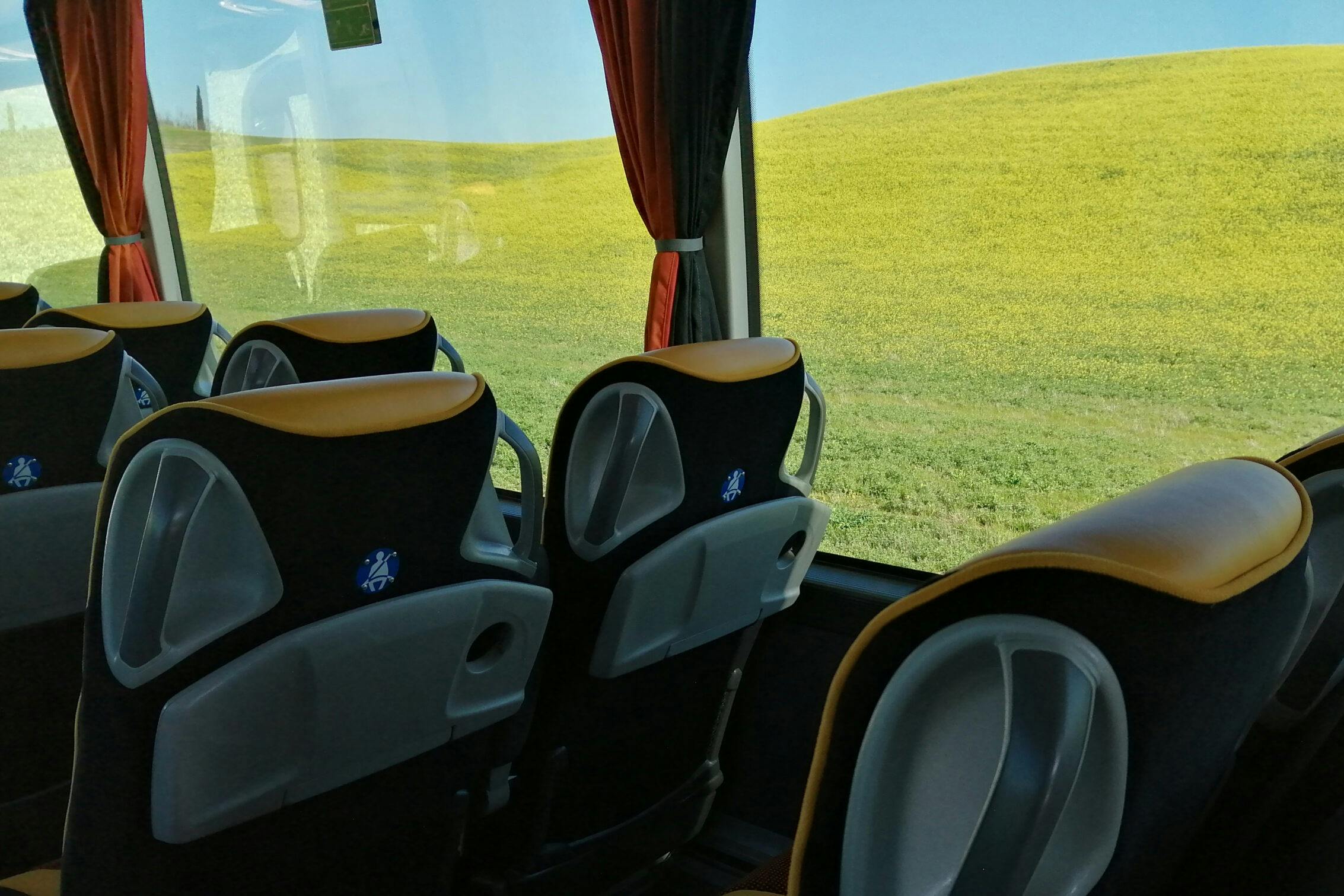 Blick aus dem Inneren eines Busses mit leeren Sitzen und einem Fenster, das den Blick auf einen grünen und gelben grasbewachsenen Hügel freigibt.