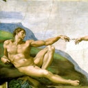 Una figura maschile parzialmente reclinata allunga il braccio per toccare una mano che proviene da destra, sullo sfondo di nuvole e colline.