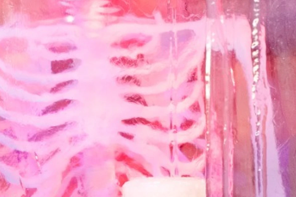 Two people in winter clothing toast with drinks in an ice bar, with a skeleton displayed behind an icy window.