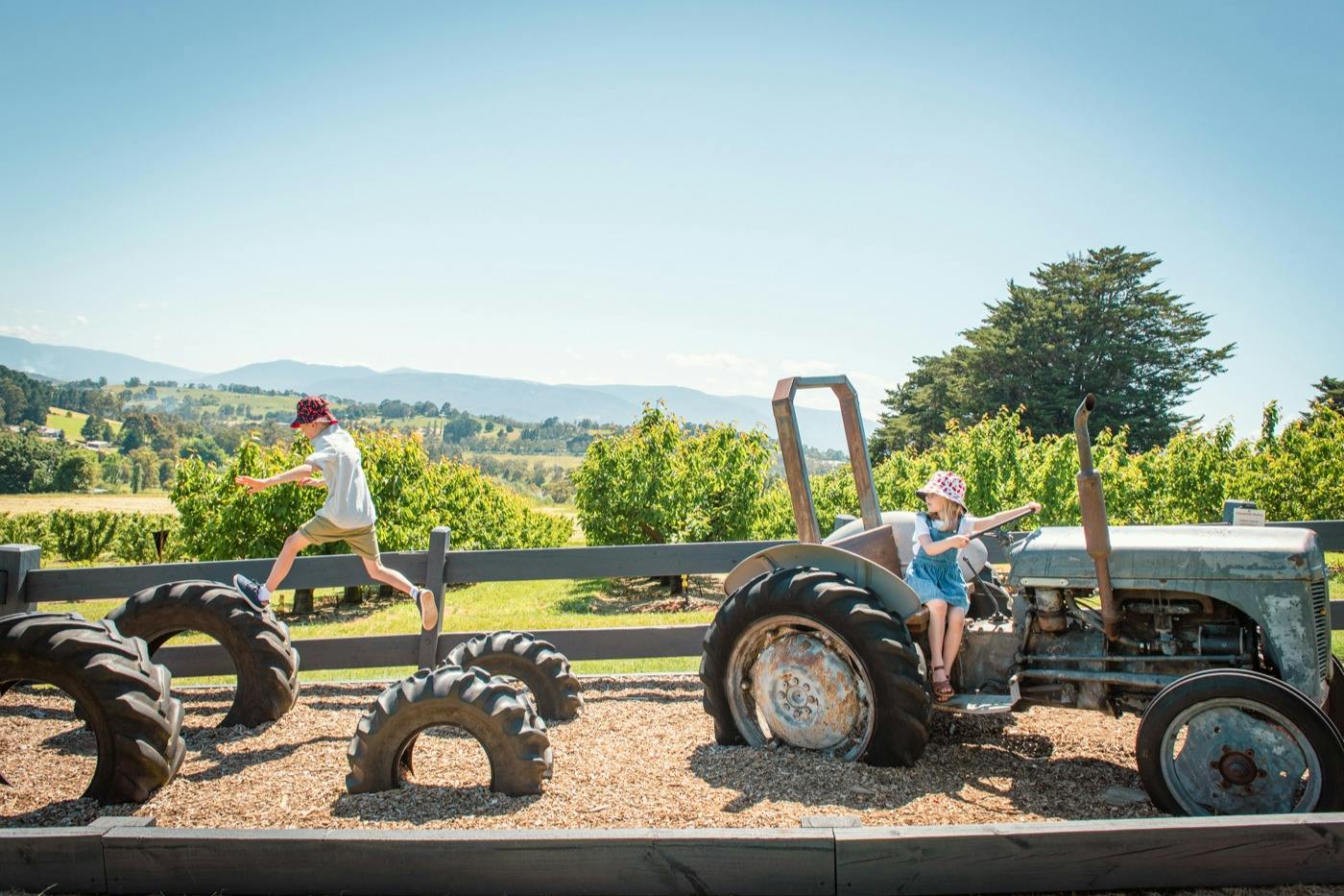 Children playing on a tractor and tires in a playground set against a scenic backdrop of trees and mountains.