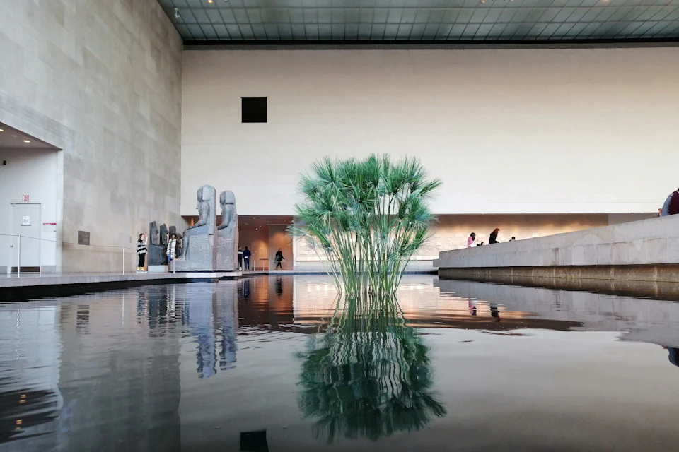 Indoor reflective pond with tall green plants in the center. Statues and people are visible in the background.