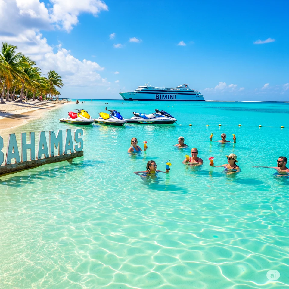 A tropical beach scene with people in clear turquoise water holding drinks, jet skis, and a ship labeled 'Bimini' in the background.