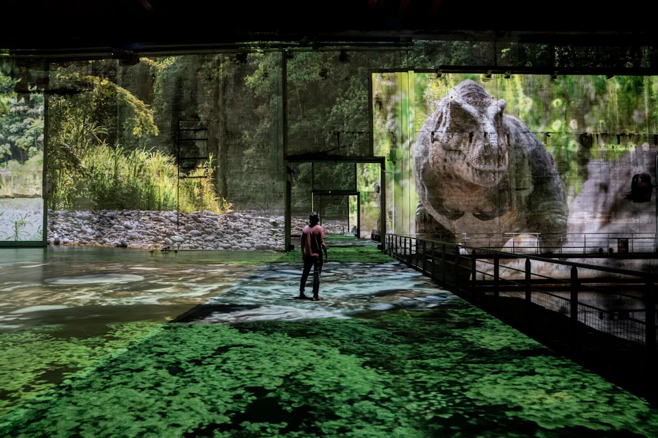 A person stands in a digital art installation featuring projected images of a Tyrannosaurus rex and a lush, forested environment.