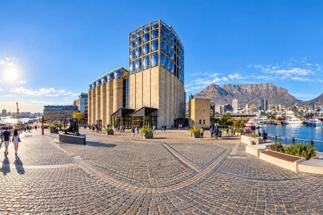 A large modern building with glass and concrete features, surrounded by a plaza with people, under a clear blue sky.