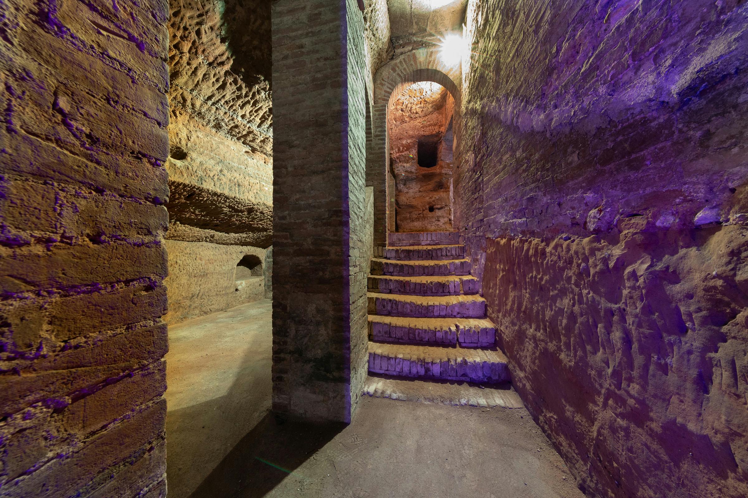 Un'antica scala in mattoni illuminata fiocamente che sale attraverso un passaggio ad arco in un ambiente rustico e sotterraneo.