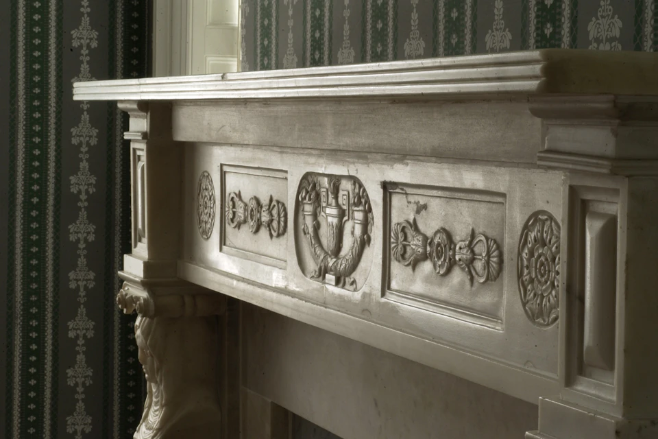 See architectural features such as this Italian marble chimney piece.