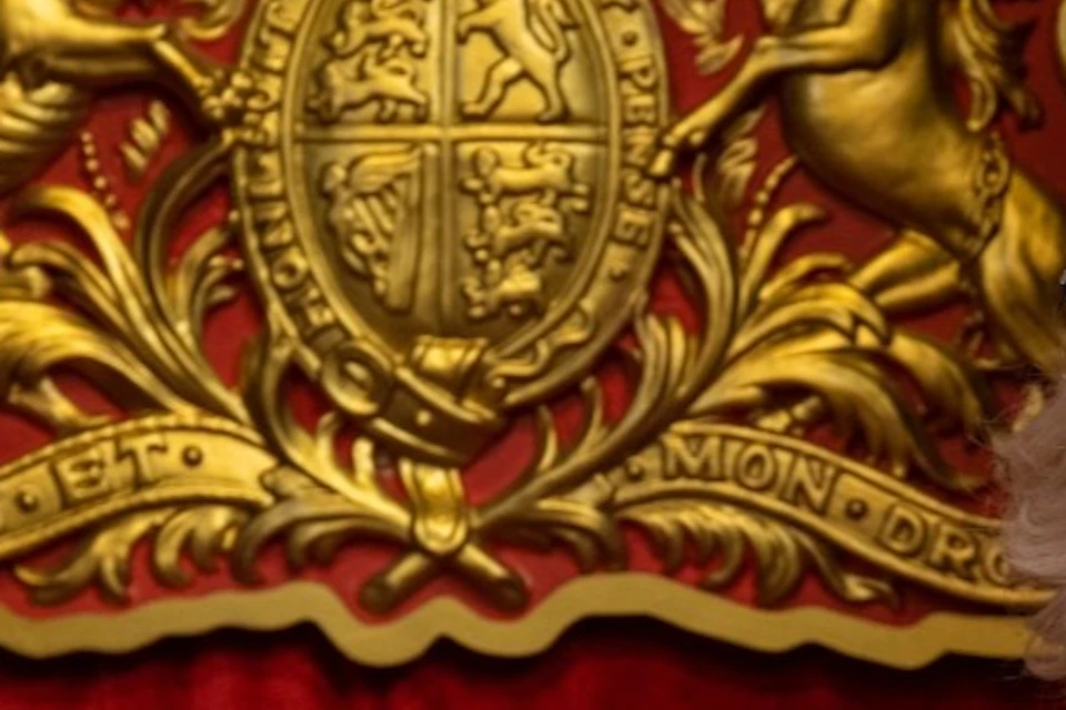 A man and woman in formal attire stand before ornate red and gold thrones, with a gold emblem and red drapery behind them.