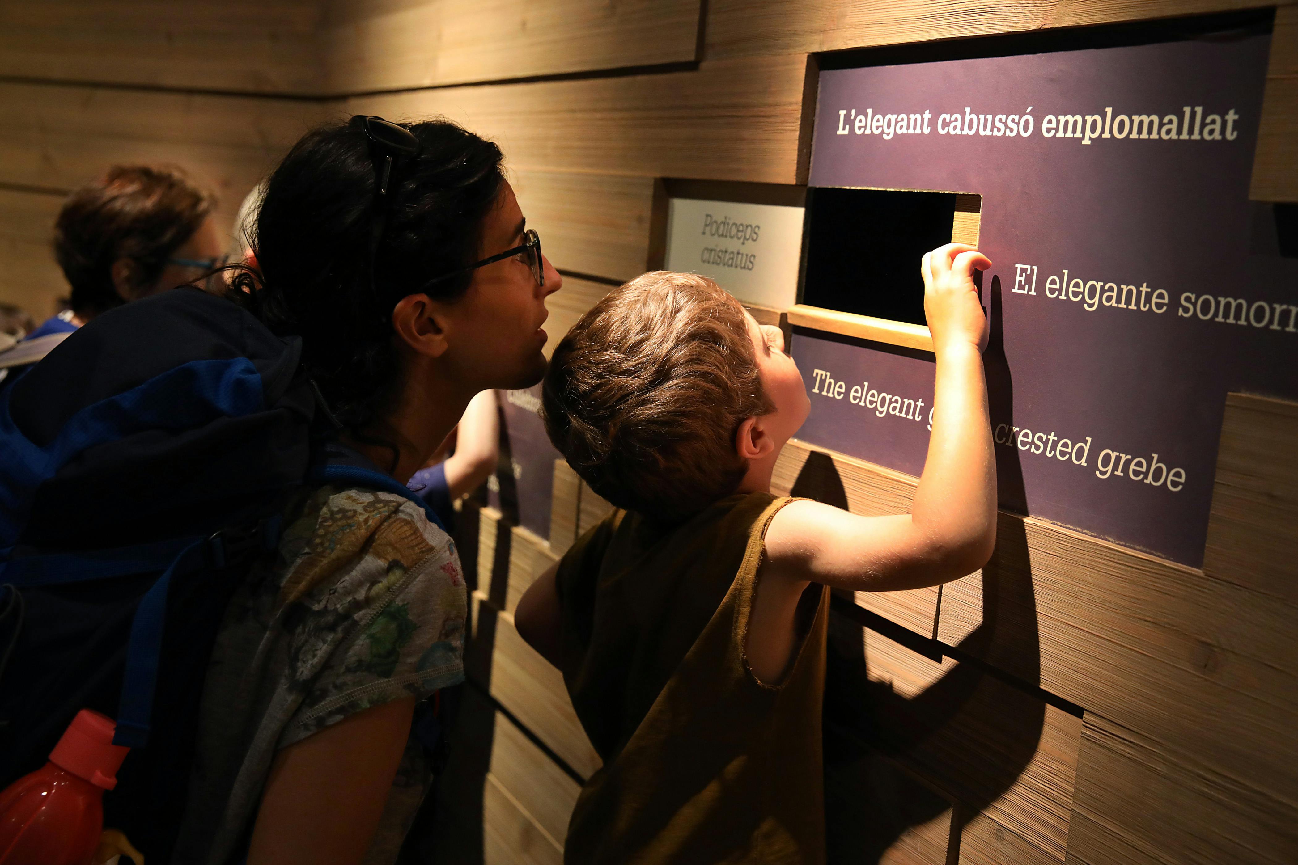 Μια γυναίκα και ένα παιδί κοιτάζουν προσεκτικά ένα έκθεμα με φωτισμένο κείμενο σε ένα αμυδρά φωτισμένο δωμάτιο.