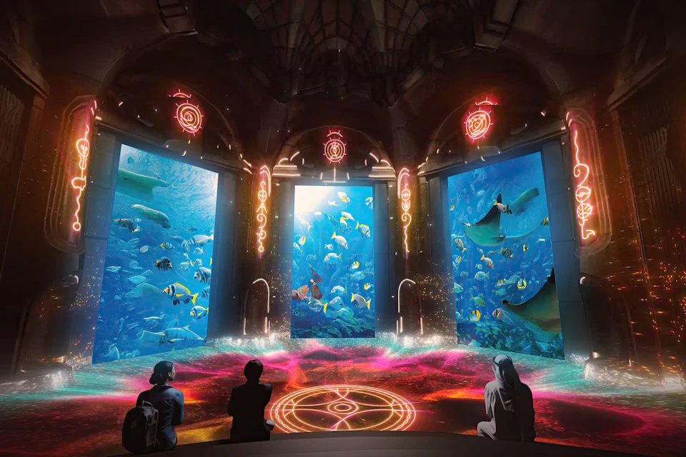 Three people sit in a large, domed room with glowing symbols, facing window panels showcasing an underwater scene with various fish and stingrays.