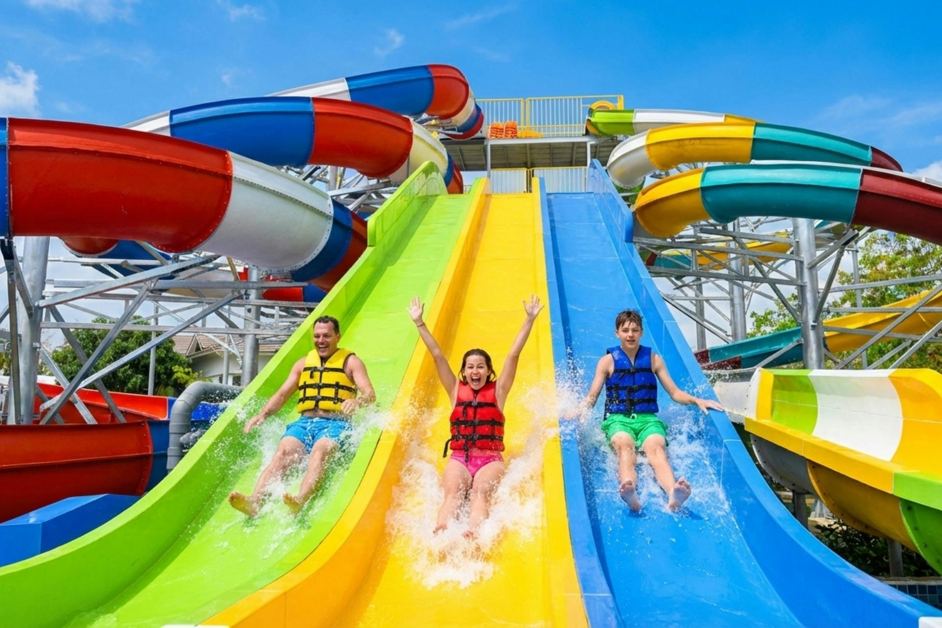 Three people in colorful life jackets sliding down adjacent water slides at a water park on a sunny day.