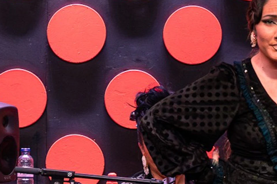 A flamenco performance on stage with a dancer in a black dress and musicians seated, a polka dot background behind.