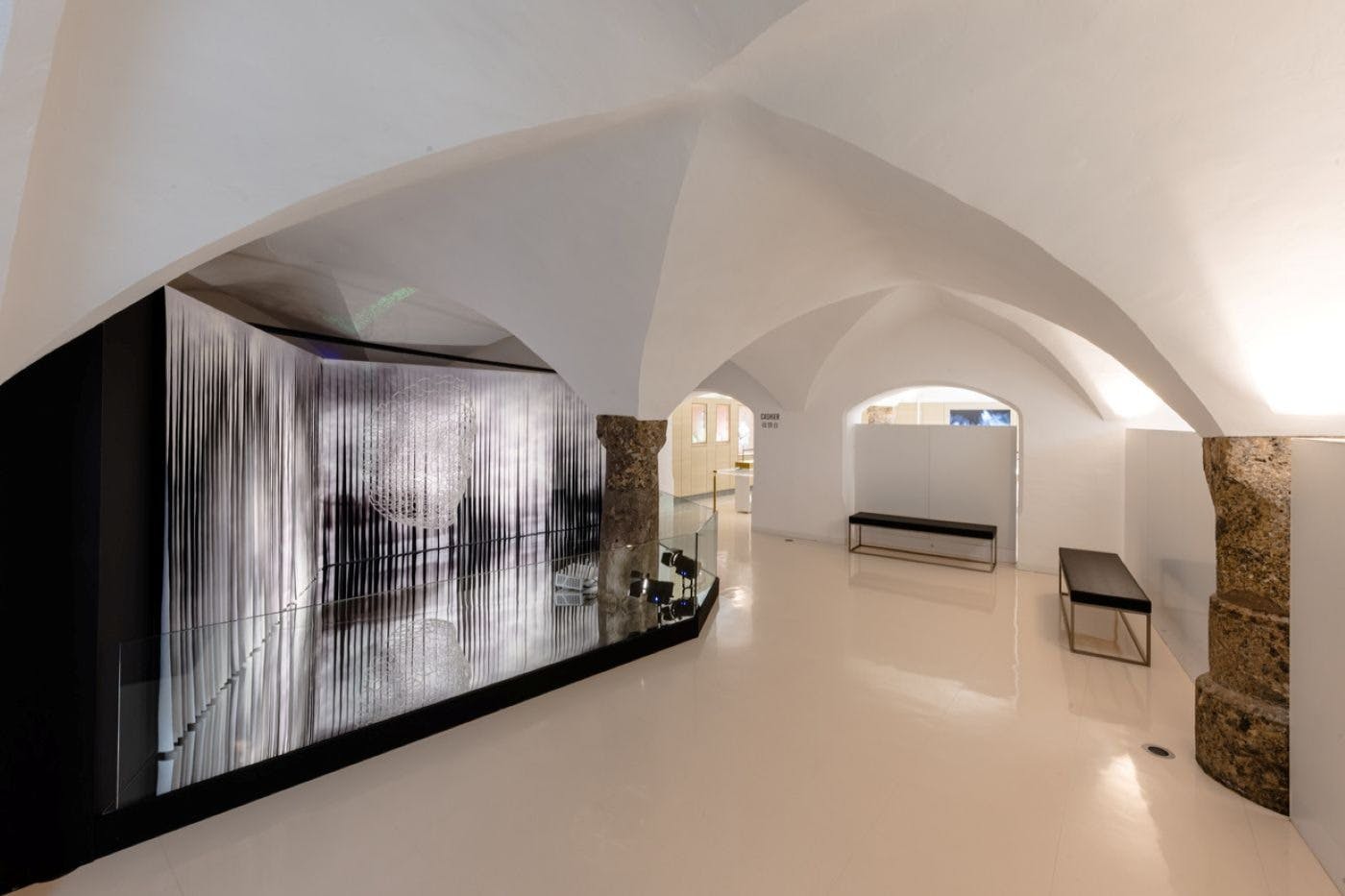 现代简约的画廊，配有拱形天花板、反光墙壁艺术品、石柱、长凳和光滑的地板。