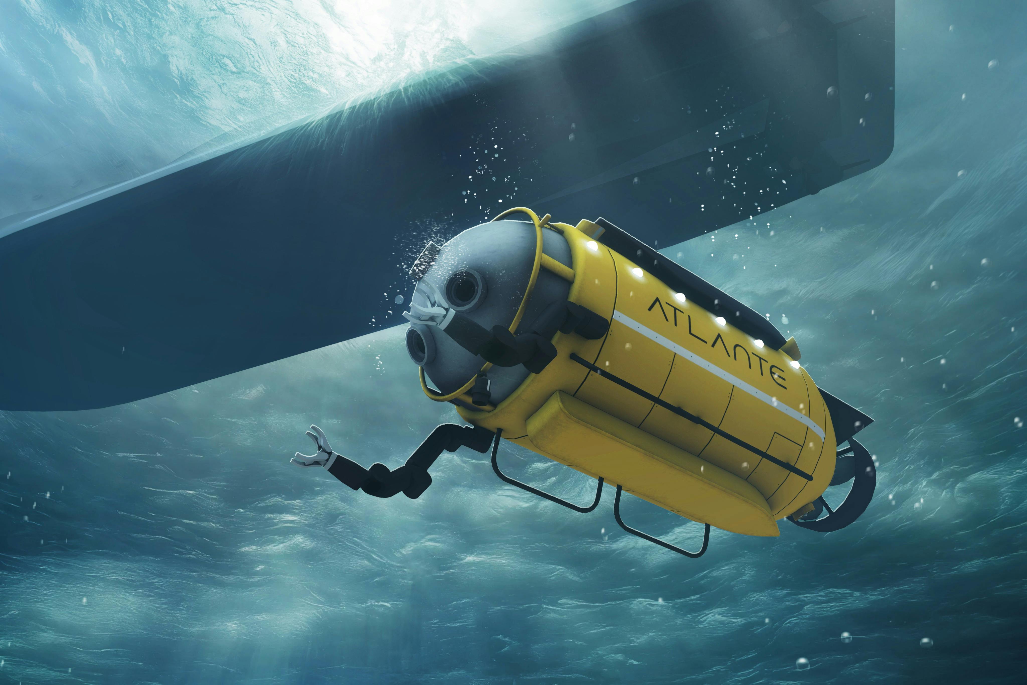 Un robot sous-marin jaune portant le texte "ATLANTE" flotte sous la surface de l'eau, équipé de bras robotiques et d'une caméra.