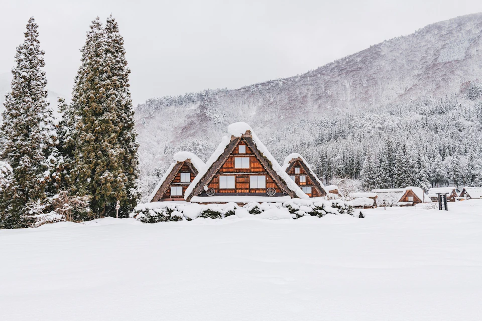 A snowy landscape with traditional A-frame houses in a mountain setting, surrounded by trees and snow-covered ground.
