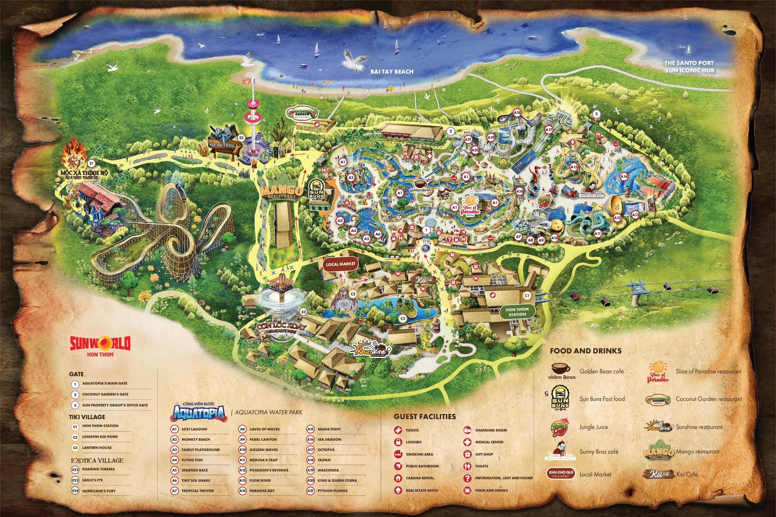 Illustrated map of a theme park and water park, showing attractions, facilities, and a beach.
