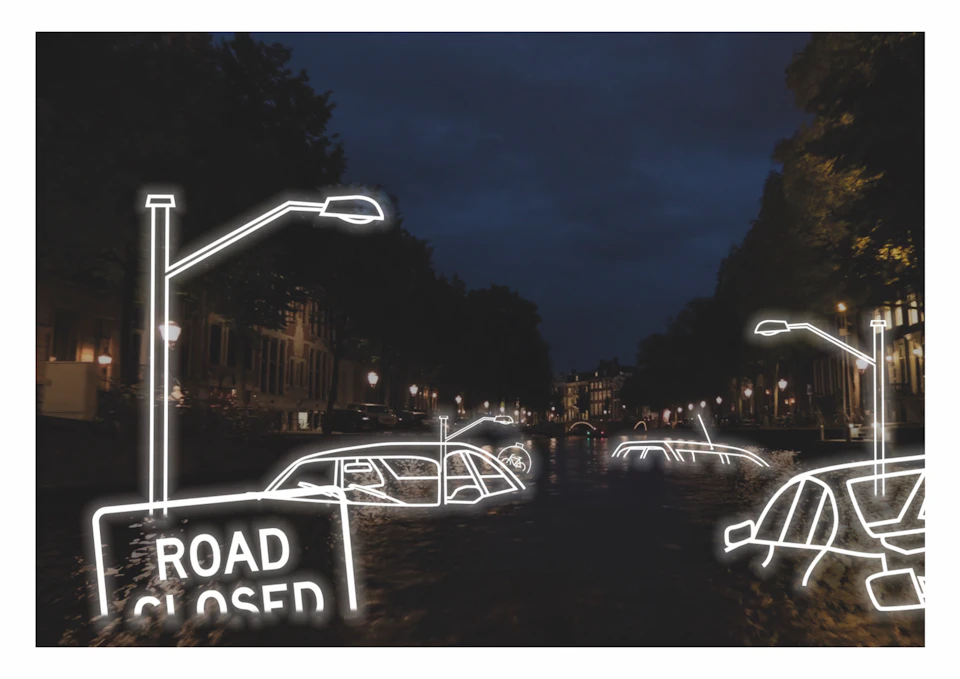 Night scene of cars submerged in water with neon outlines and "ROAD CLOSED" sign, surrounded by street lamps and trees.