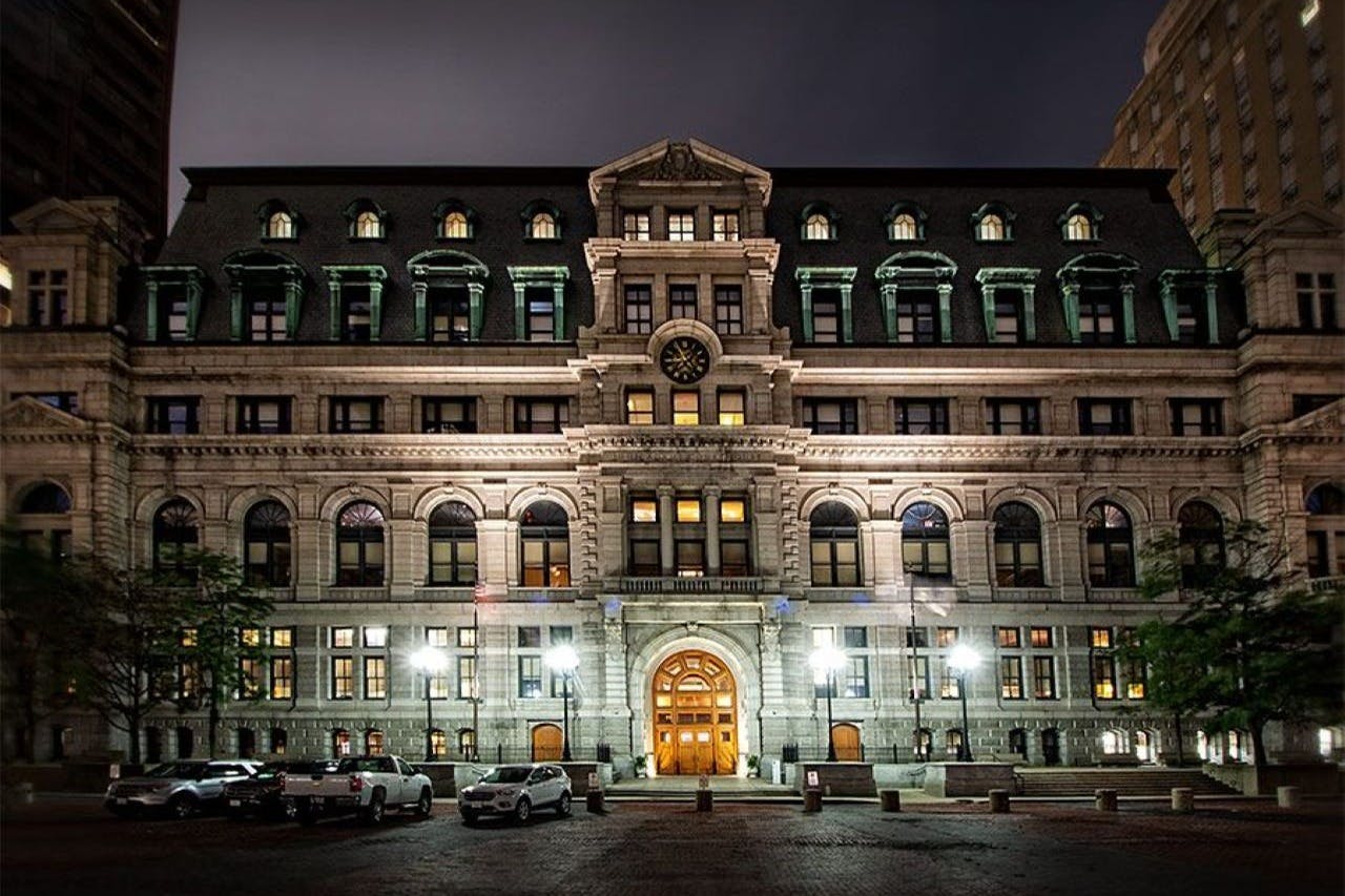 Nighttime photo of the historic John Adams Courthouse