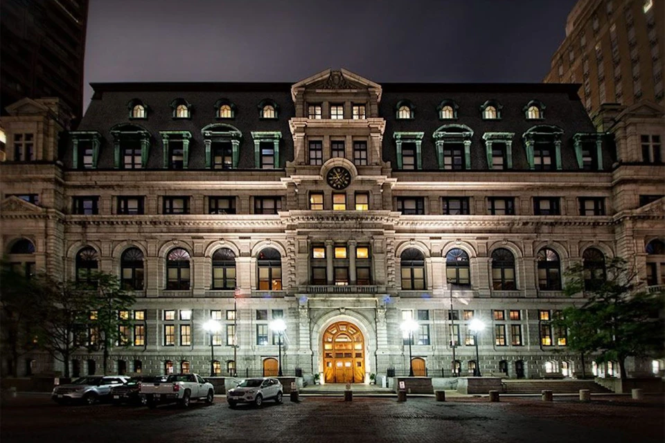 Nighttime photo of the historic John Adams Courthouse