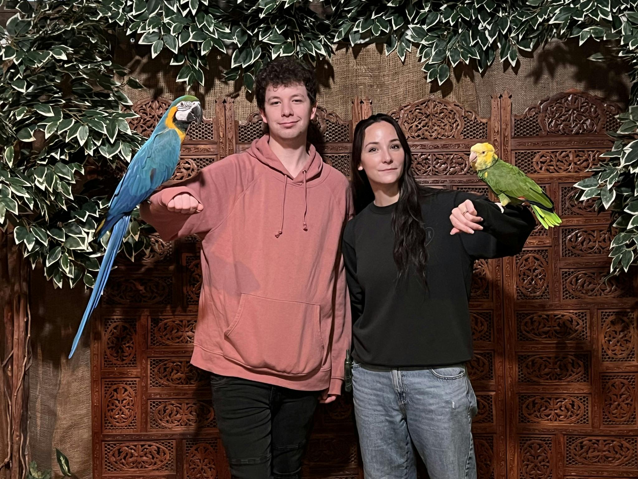 緑の葉に囲まれた木製のスクリーンの前に、オウムを抱いた2人の人物が立っています。