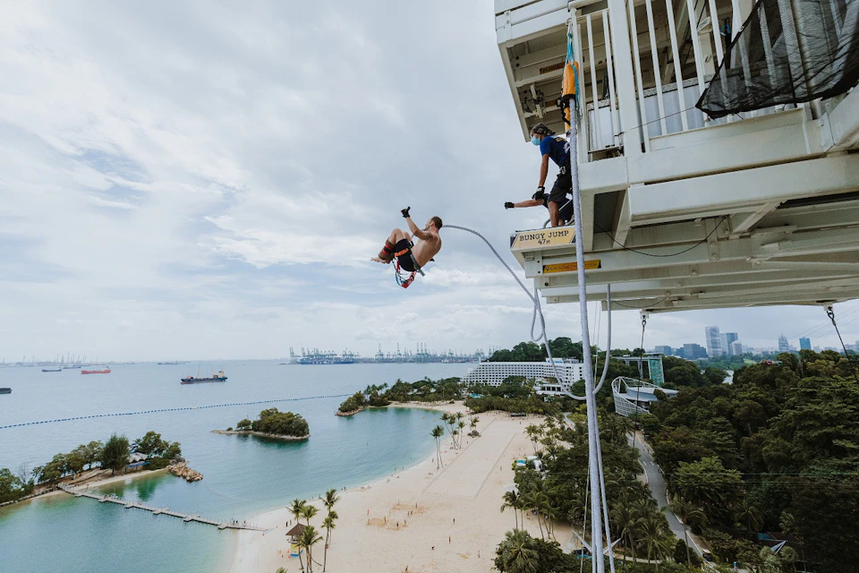 A person bungee jumping from a platform over a scenic beach with tropical trees and industrial structures in the distance.