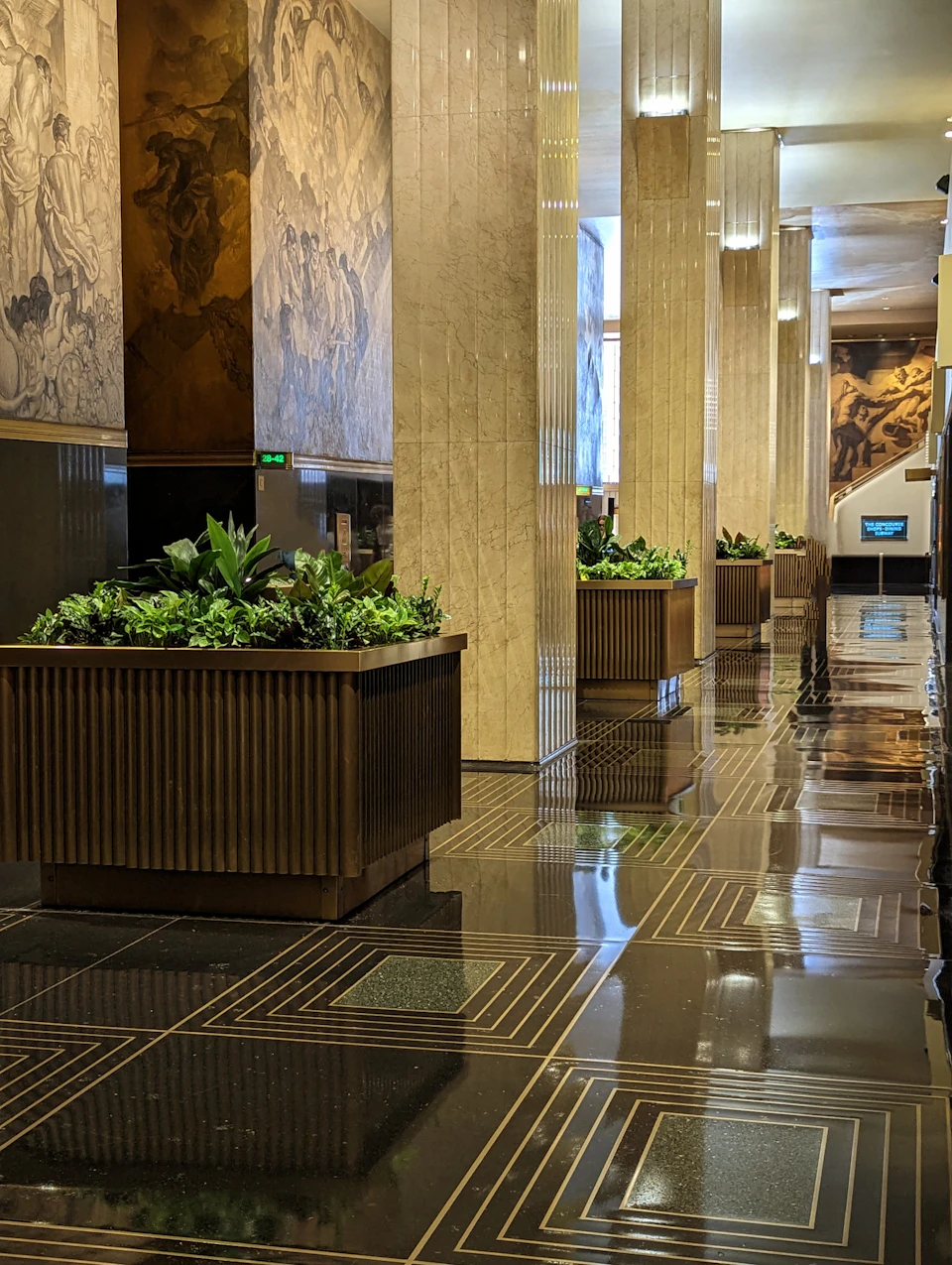 A polished hallway with decorative plants in square wooden planters, murals on walls, and shiny black and gold-patterned flooring.