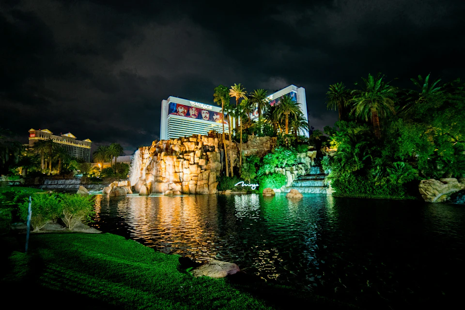 Night shot of the grotto at the Mirage, Las Vegas