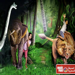 Two children interact with a 3D mural depicting a forest scene with an elephant, a lion, and other animals at Magic Park.