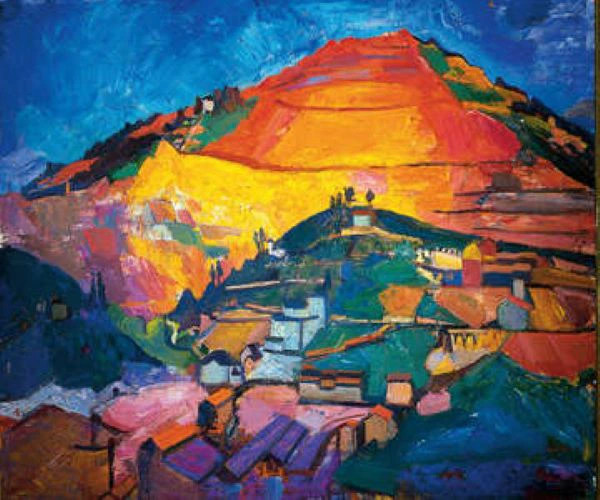 Colorful painting of a vibrant hillside with a mountain, small buildings, and fields under a brilliant blue sky.