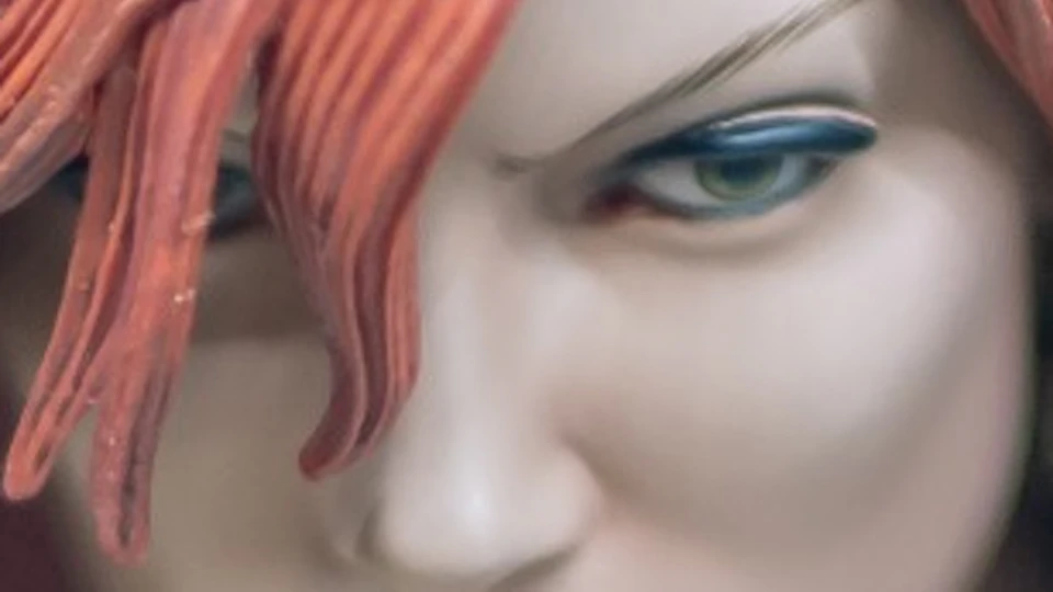 A figurine of a woman with red hair wearing armor and a chainmail bikini, posing against a blurred background.