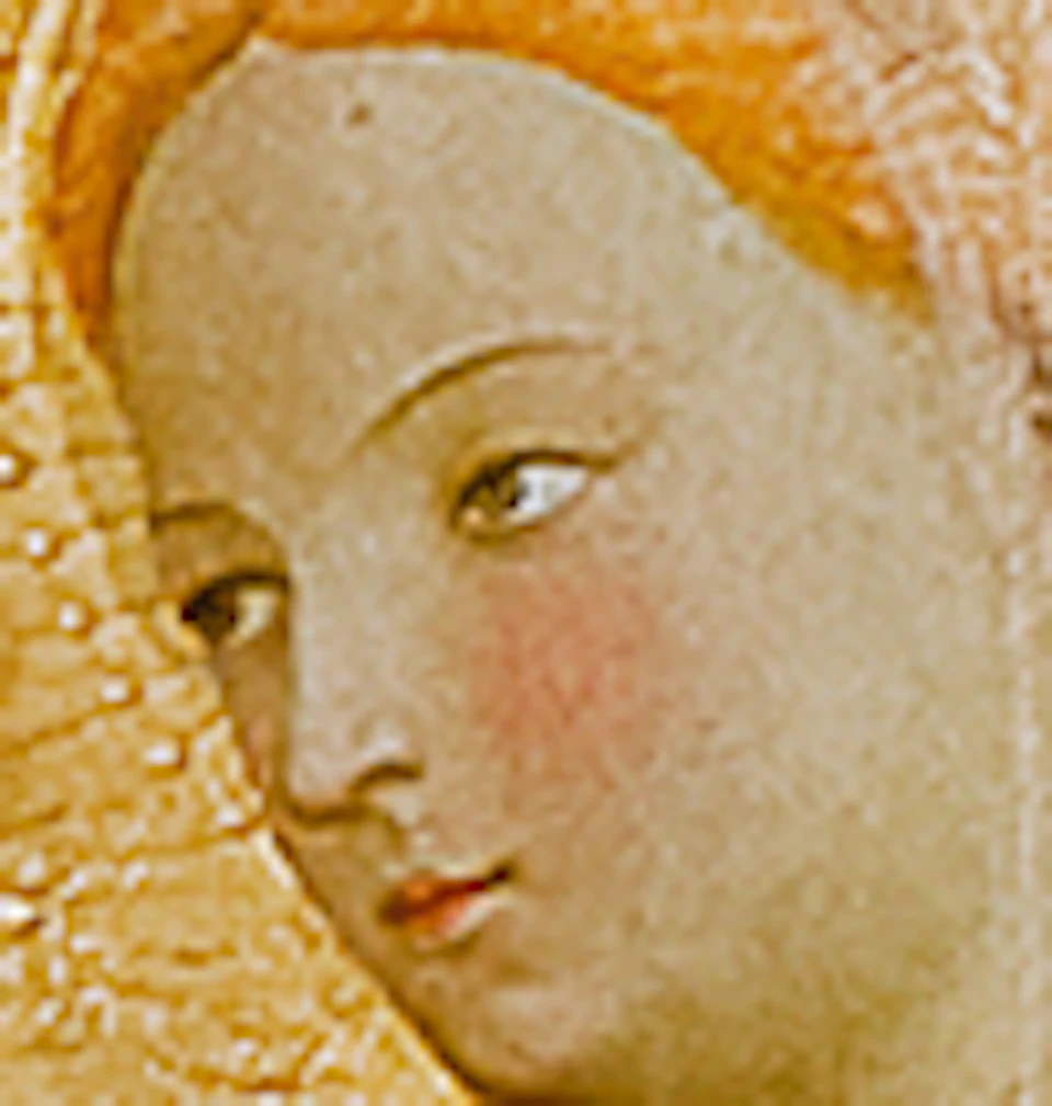A painting depicts an angel in pink addressing a seated woman in blue within an arched structure, with smaller scenes below.