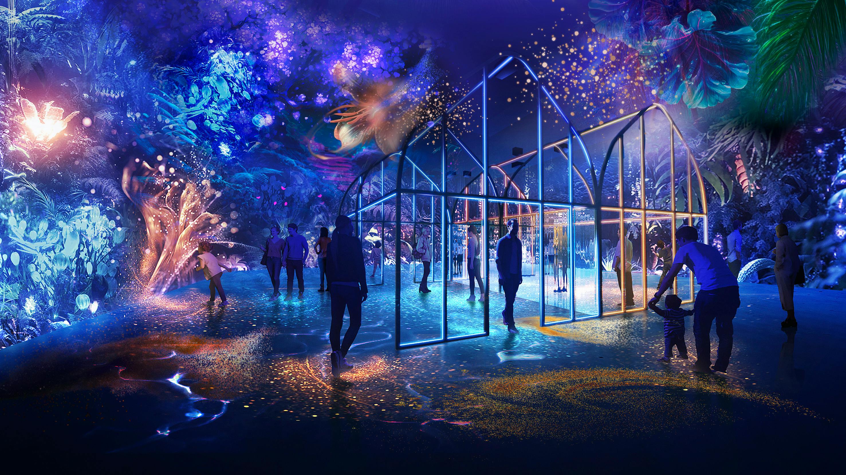 A vibrant art installation featuring glass structures, colorful lighting, and people exploring an immersive, cosmic-themed space.