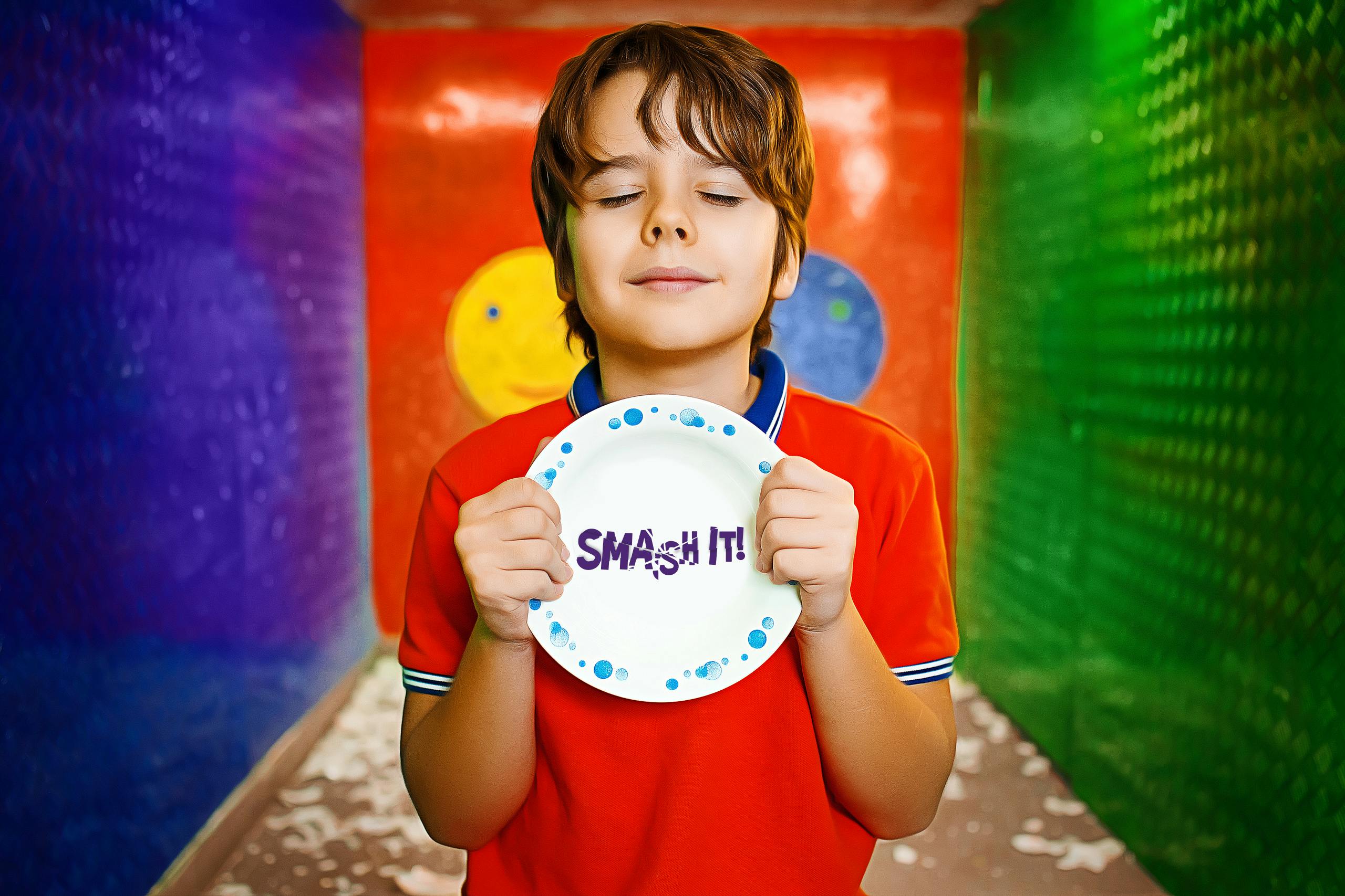 Un ragazzo con una maglietta rossa tiene in mano un piatto con scritto "SMASH IT!" in una stanza colorata con pezzi frammentati a terra.
