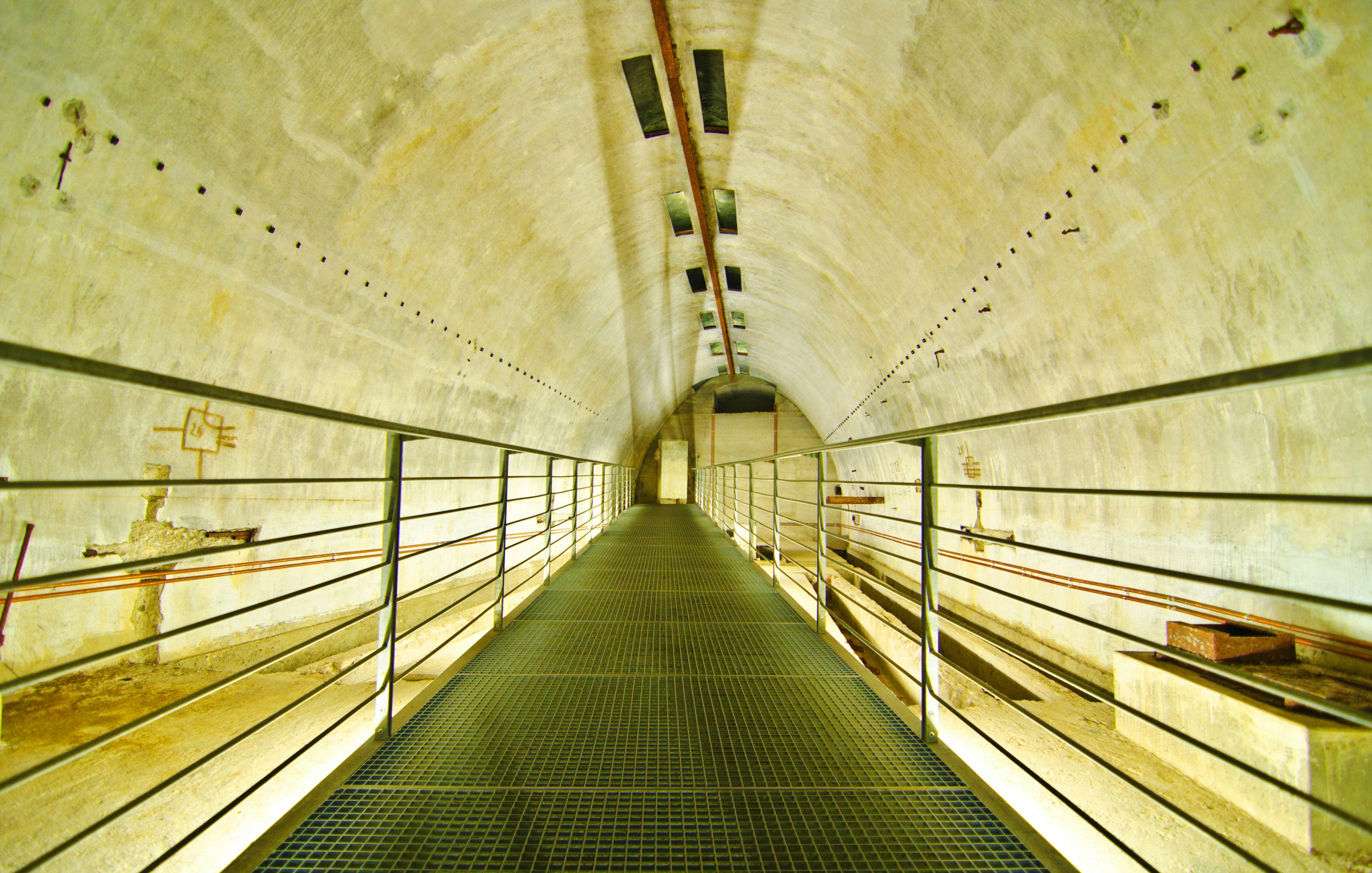 A metal walkway with railings inside a long, arched, industrial tunnel with lights and vents on the ceiling.