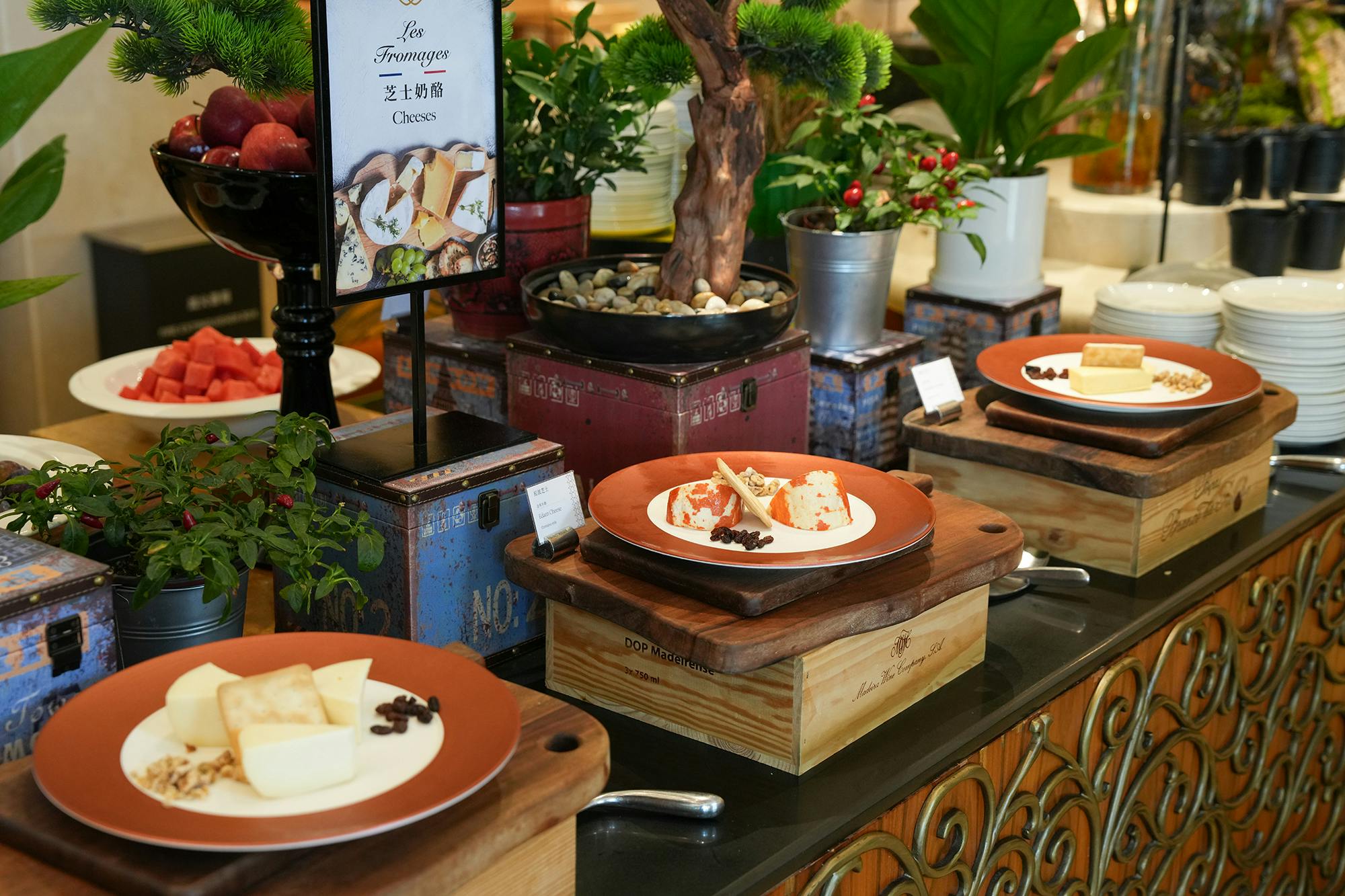 A cheese display on a buffet table with decorative plants and wooden boards, featuring various cheeses on red plates.