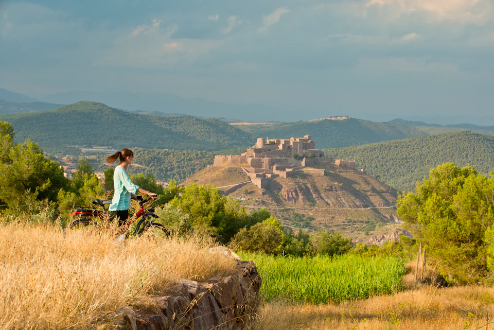 A person with a bicycle stands in a grassy field, looking at a distant hilltop fortress surrounded by green mountains.