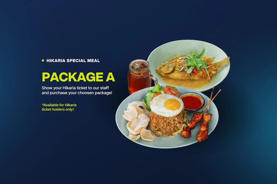 A plate with fried rice, egg, satay skewers, and crackers is next to a second plate with grilled fish. Both are accompanied by iced tea. Text reads, "Hikaria Special Meal Package A."