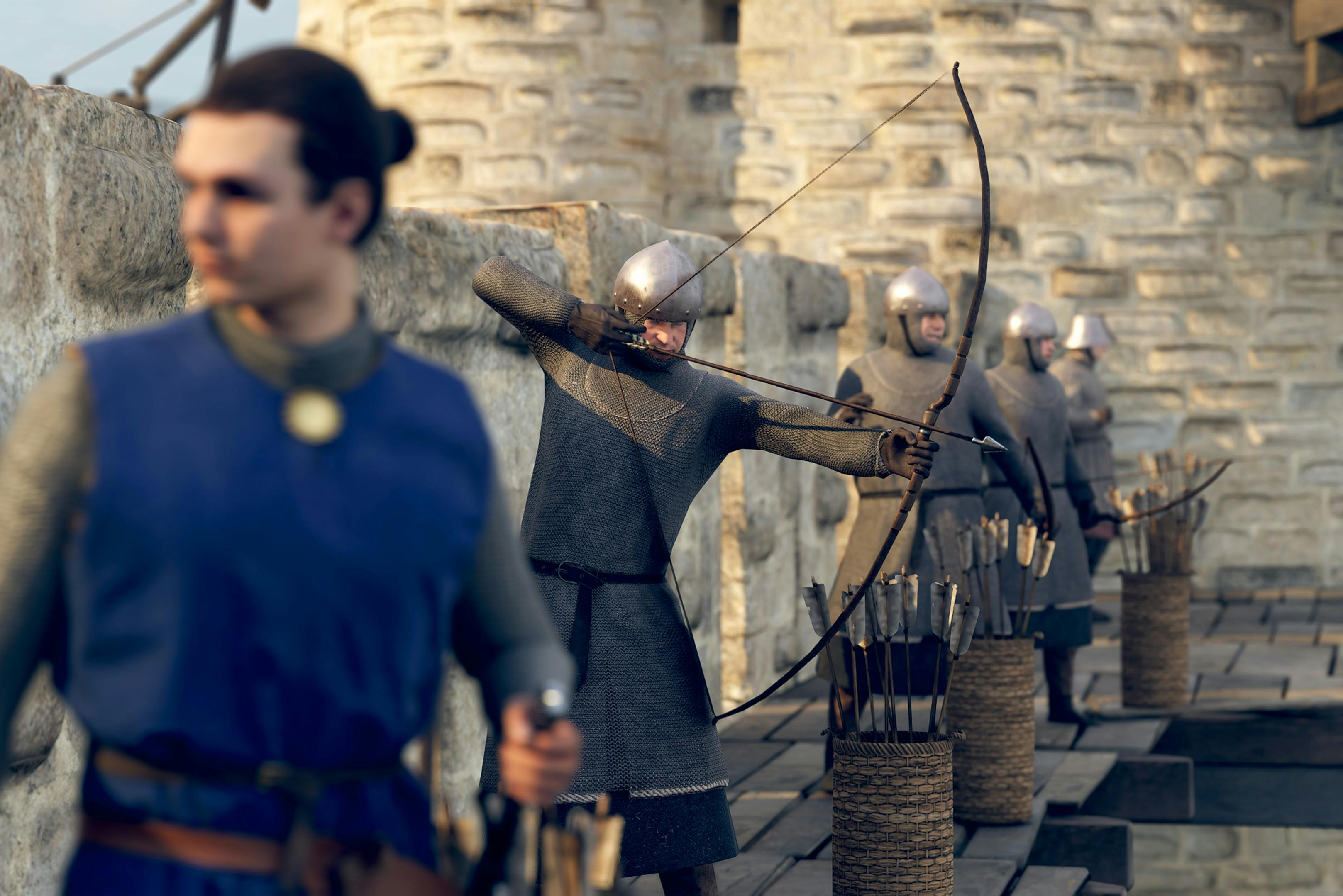 Person in blue tunic in the foreground while archers in chainmail and helmets draw bows on a stone wall.
