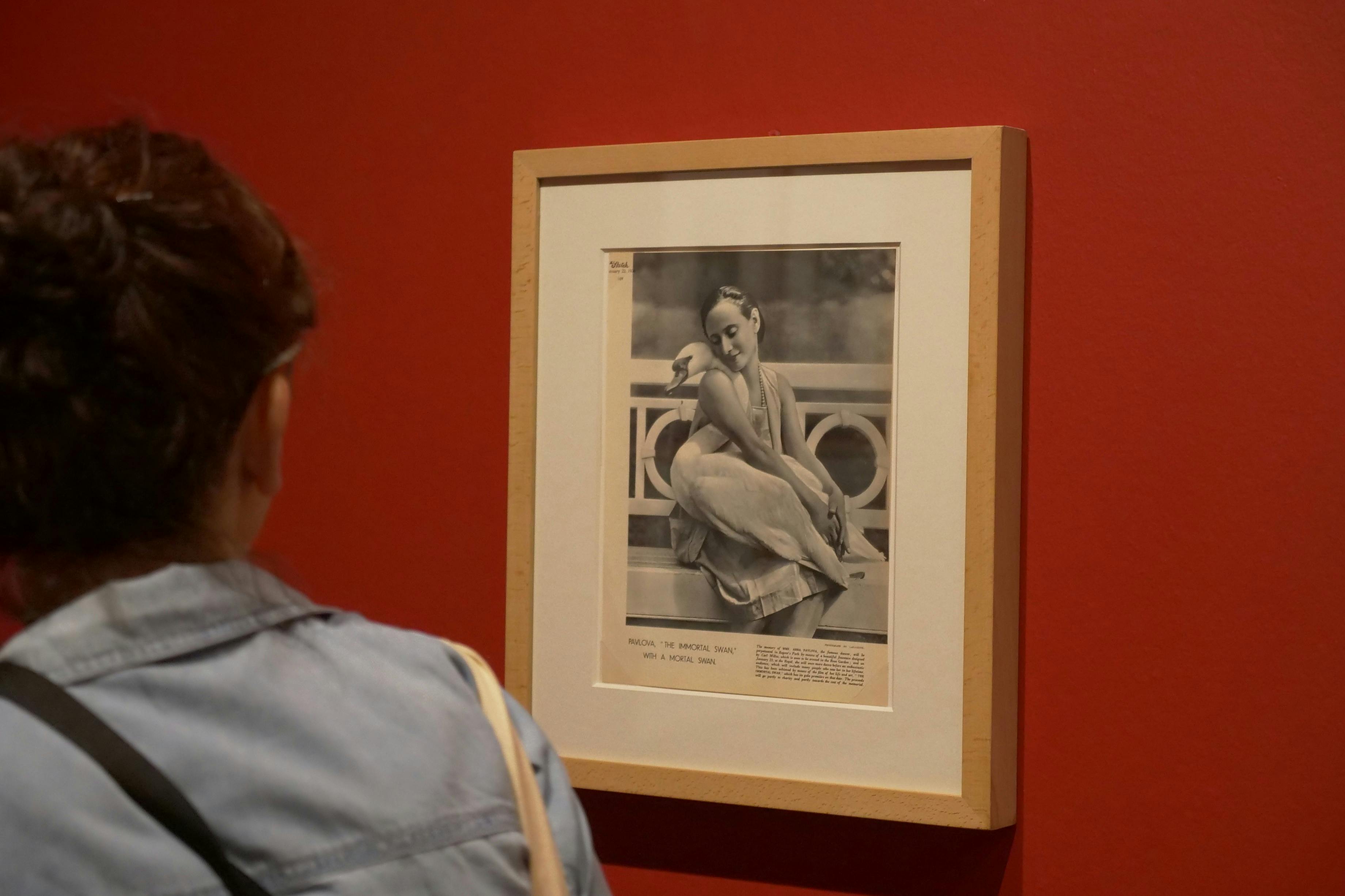 Uma pessoa vê uma fotografia a preto e branco emoldurada numa parede vermelha de uma exposição.